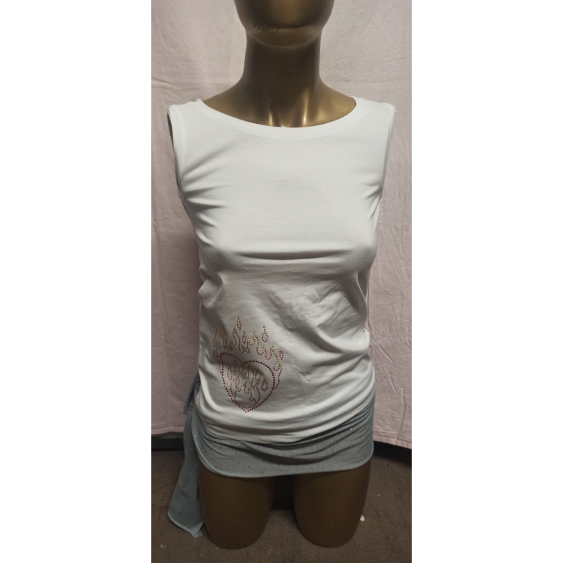 Damen Top Tanktop S, weiß mit flammenden Herz aus farbigen Glitzersteinen JN 360