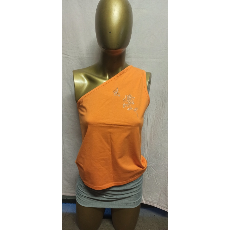 "Rose+Schmetterling" Glitzeraufdruck One-Shoulder-Solid-Tank-Top, Orange Größe L